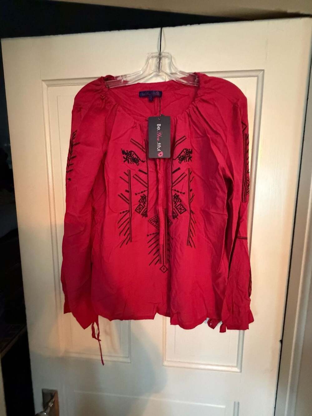 Be.You.tiful Women's Red Long Sleeve Embroidered Peasant Blouse